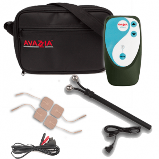 Avazzia Blue OTC microcurrent for pain relief kit with Y-electrode, lead wires and pads